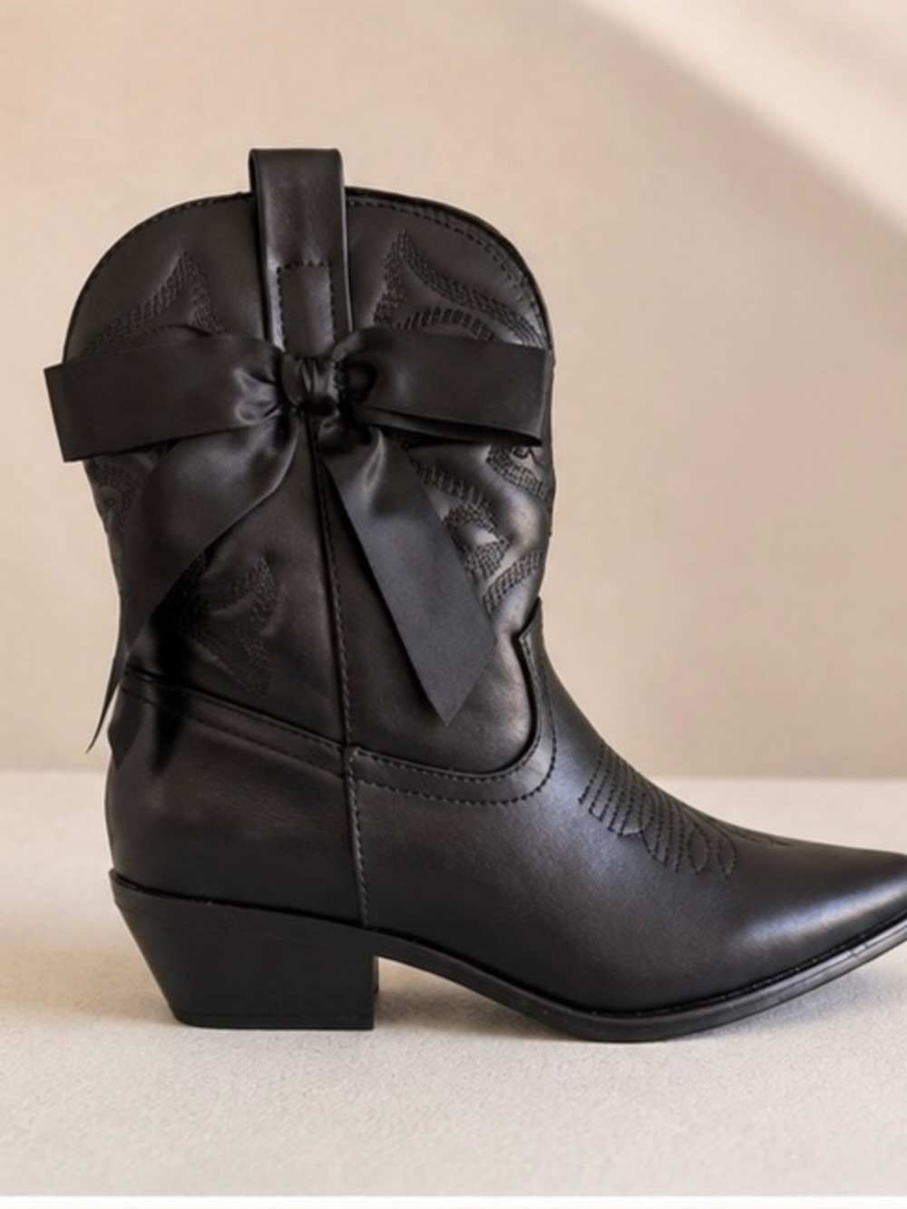 Fashion Nova Black Satin Bow Western Heeled Boot